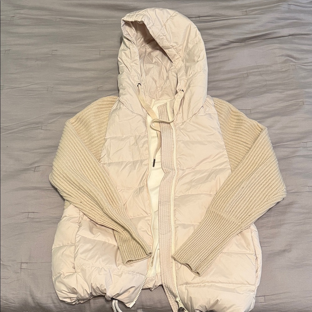 Cream Hooded Puffer Jacket with Knit Sleeves